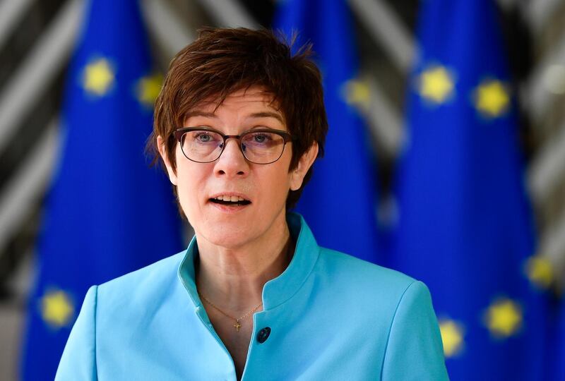 epa09180258 German Defence minister Annegret Kramp Karrenbauer talks during a statement before a Defence ministers meeting at the EU headquarters in Brussels, Belgium, 06 May 2021.  EPA/JOHN THYS / POOL