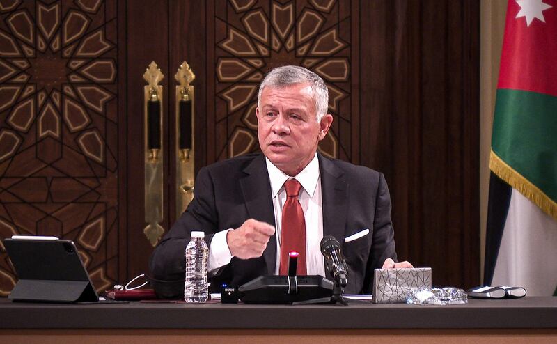 A handout picture released by the Jordanian Royal Palace on March 23, 2021 shows Jordanian King Abdullah II speaking during a meeting with the speaker and heads of a number of committees at the House of Representatives in the capital Amman.  - RESTRICTED TO EDITORIAL USE - MANDATORY CREDIT "AFP PHOTO / JORDANIAN ROYAL PALACE / YOUSEF ALLAN" - NO MARKETING NO ADVERTISING CAMPAIGNS - DISTRIBUTED AS A SERVICE TO CLIENTS
 / AFP / Jordanian Royal Palace / - / RESTRICTED TO EDITORIAL USE - MANDATORY CREDIT "AFP PHOTO / JORDANIAN ROYAL PALACE / YOUSEF ALLAN" - NO MARKETING NO ADVERTISING CAMPAIGNS - DISTRIBUTED AS A SERVICE TO CLIENTS
