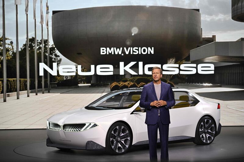 Oliver Zipse chief executive of BMW, presenting the Neue Klasse project, the German carmaker's new electric vehicle concept. AFP