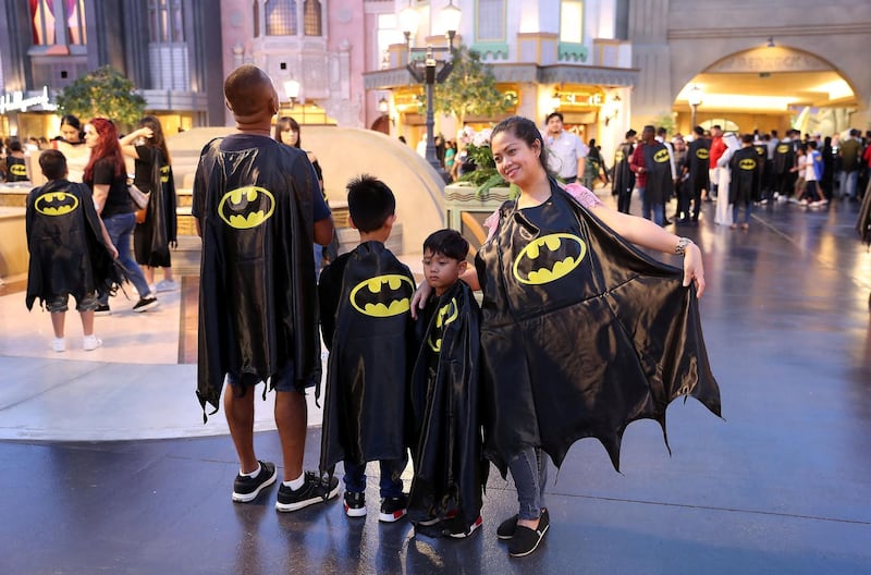 ABU DHABI ,  UNITED ARAB EMIRATES , SEPTEMBER 21 – 2019 :- People wearing capes and taking part in the Guinness World Record for the Batman’s 80th anniversary held at Warner Bros  in Abu Dhabi. ( Pawan Singh / The National ) For News/Online/Instagram