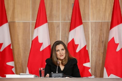 Canada's Finance Minister Chrystia Freeland speaks during a press conference on Parliament Hill in Ottawa, Ontario, Canada, April 19, 2021. REUTERS/Patrick Doyle