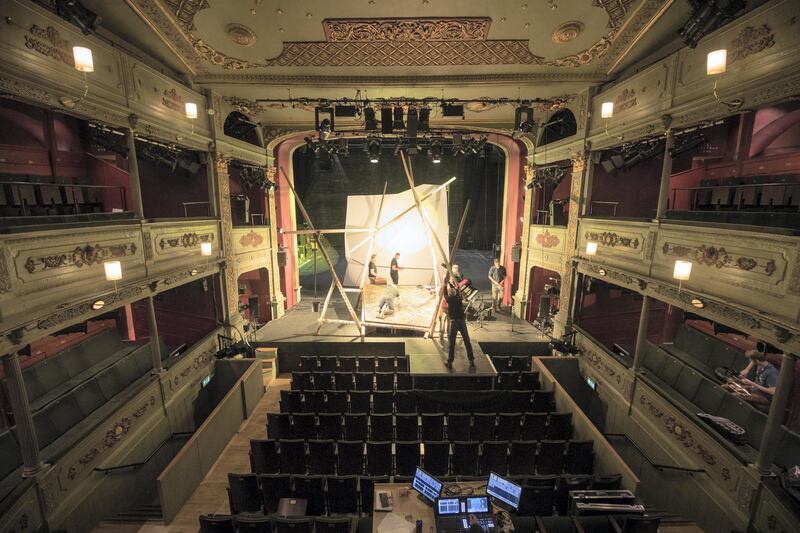 BRISTOL, ENGLAND - MAY 24:  Crew build the set on stage for The Flying Lovers of Vitebsk which is part of the Bristol Old Vic's 250th anniversary season, on May 24, 2016 in Bristol, England. The Bristol Old Vic, which is the oldest continuously-working theatre in the country, is currently preparing to celebrate its 250th anniversary this May Bank Holiday weekend with a series of events planned over the three days. Since the theatre's opening production in 1766, when it was operating illegally as it didn't have a Royal Patent, some of the biggest names in the acting world have performed on the stage including Sarah Siddons, Peter O'Toole, Daniel Day-Lewis, Pete Postlethwaite, Brian Blessed, Olivia Colman, Jeremy Irons, Patrick Stewart and Judi Dench. Over the past 250 years the building, which has survived rioting in the 19th century and bombing in World War II and nearly became a banana ripening warehouse after it was sold at auction in 1942, has been renovated and adapted several times and later this year a multi-million pound redevelopment will transform the theatre once again. The theatre's production of King Lear, a collaboration with Bristol Old Vic Theatre School and stars Timothy West, Stephanie Cole and David Hargreaves, runs at Bristol Old Vic from June 18.  (Photo by Matt Cardy/Getty Images)