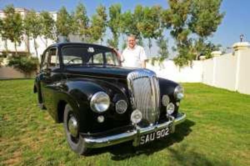 Dubai, 9th January 2009.  Peter B. Troth (Owner-WSM Machinery) with the classic 1950's Daimler car, at their residence.  (Jeffrey E. Biteng / The National)  Editor's Note; Joanna langley reports. *** Local Caption ***  JB03-Peter.jpg