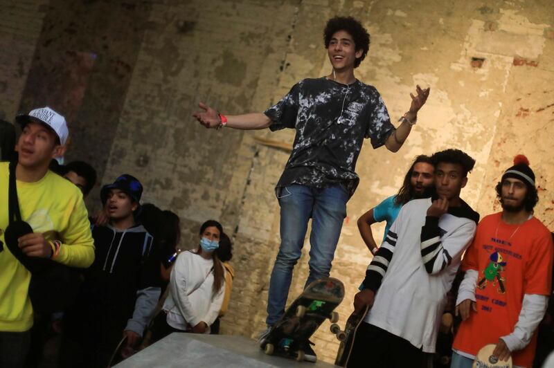 A skateboarder gestures as he prepares to compete at the Red Bull Mind The Gap skateboarding event at Townhouse Gallery, near Tahrir Square, in Cairo, Egypt. Reuters