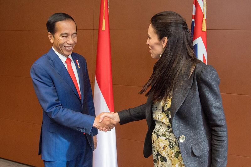 Indonesian President Joko Widodo met Ms Ardern during a bilateral meeting at parliament on March 19, 2018 in Wellington, New Zealand. President Widodo's two-day visit was part of a series of engagements celebrating the 60th anniversary of diplomatic relations between New Zealand and Indonesia. Marty Melville - Pool / Getty Images.