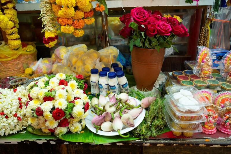 DUBAI, UNITED ARAB EMIRATES. 24 OCTOBER 2019. Items for sale. As the Hindu Festival of Diwali starts in the UAE, devotees flok to the Hindu Temple in Bur Dubai to worship. Adjacent to the Temple is what is commonly refered to “Hindi Lane”, a small corridor of shops selling flowers, offerings and general items for Hindu ceremonies. Diwali, Deepavali or Dipavali is a four-to-five day-long festival of lights, which is celebrated by Hindus, Jains, Sikhs and some Buddhists every autumn in the northern hemisphere. (Photo: Antonie Robertson/The National) Journalist: None. Section: National.
