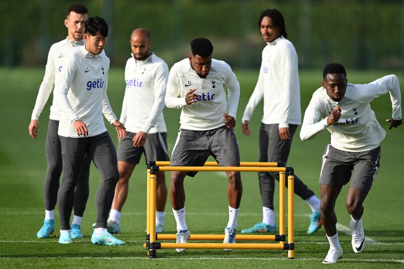 Spurs defender Emerson Royal, centre, during training. Getty