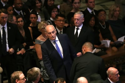 WASHINGTON, DC - SEPTEMBER 1: Chief of Staff John Kelly (L) and Secretary of Defense General James Mattis arrive for the funeral service for U.S. Sen. John McCain at the National Cathedral on September 1, 2018 in Washington, DC. The late senator died August 25 at the age of 81 after a long battle with brain cancer. McCain will be buried at his final resting place at the U.S. Naval Academy.   Mark Wilson/Getty Images/AFP
== FOR NEWSPAPERS, INTERNET, TELCOS & TELEVISION USE ONLY ==
