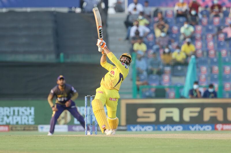 Ravindra Jadeja smashed 22 off eight balls as Chennai Super Kings defeated Kolkata Knight Riders of the last ball of their match at the Zayed Cricket Stadium in Abu Dhabi on Sunday, September 26, 2021. Sportzpics for IPL