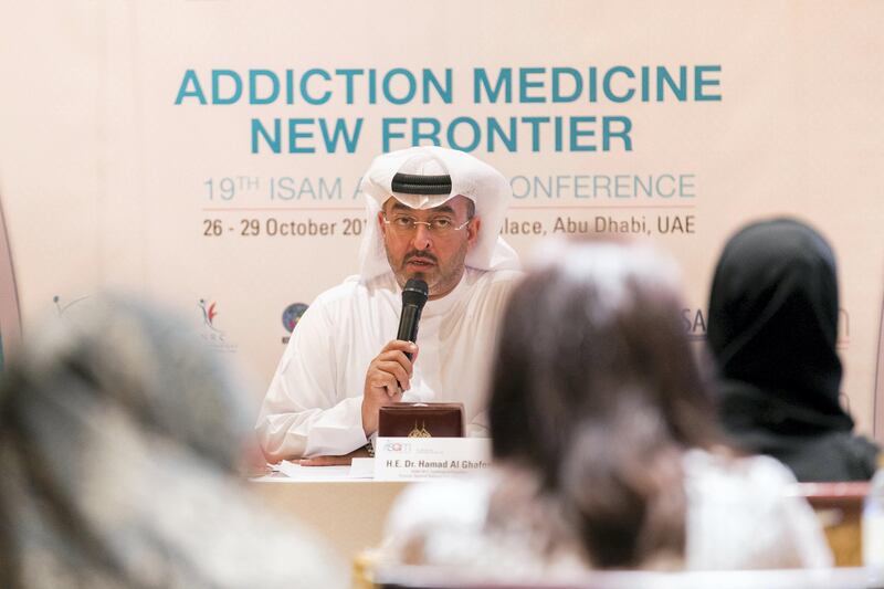 ABU DHABI, UNITED ARAB EMIRATES - OCT 3:

Dr. Hamad Al Ghaferi, Director General, National Rehabilitation Center, talks at a press conference at Emirates Palace as part of the International Society of Addiction Medicine Annual Conference.

(Photo by Reem Mohammed/The National)

Reporter: Haneen Dajani
Section: NA