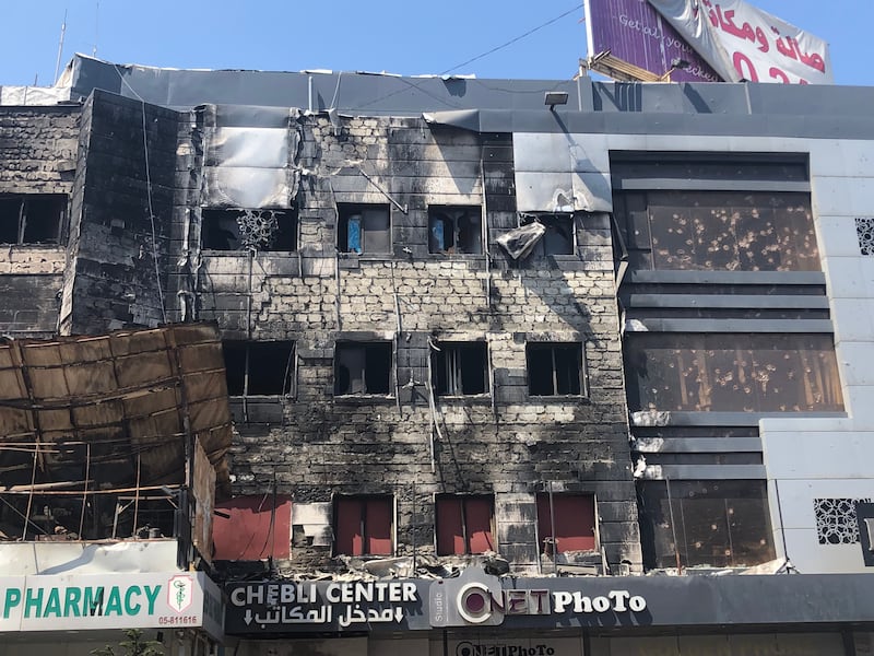 The Chibli Centre and its surroundings. The Hezbollah building was burnt during clashes last year.