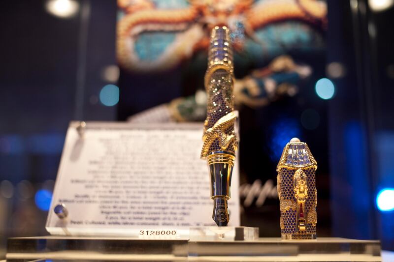 Dubai, United Arab Emirates - January 15 2012 - The world's most expensive pen on display at the World Luxury Expo in Burj Al Arab. It is worth Dh3.1 million.  (Razan Alzayani / The National)