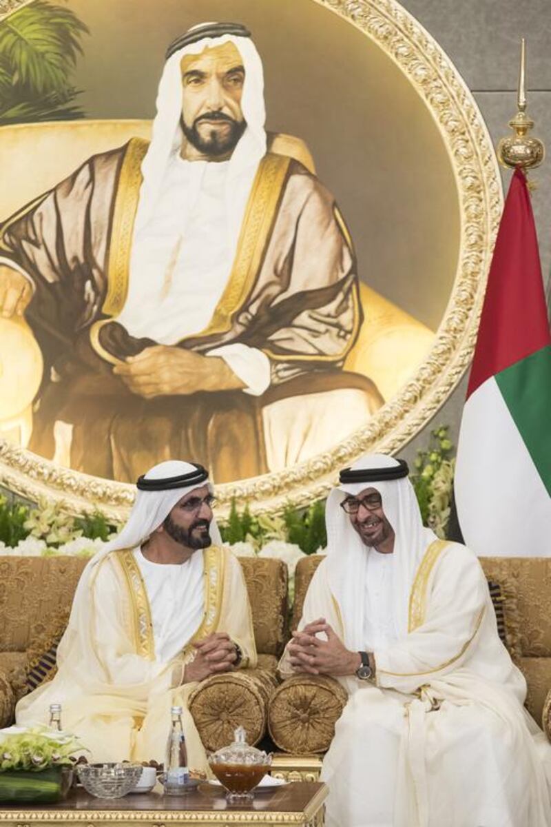 Sheikh Mohammed bin Zayed with Sheikh Mohammed bin Rashid at Mushrif Palace. Ryan Carter / Crown Prince Court - Abu Dhabi