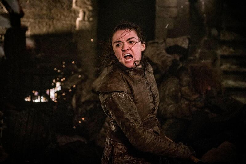 This image released by HBO shows Maisie Williams in a scene from "Game of Thrones," that aired Sunday, April 28, 2019. In the Associated Press' weekly "Wealth of Westeros" series, we're following the HBO fantasy show's latest plot twists and analyzing the economic and business forces driving the story. This week, Aryaâ€™s triumphant assassination of the king ice zombie has prompted an appreciation among us for the role of skills, in economics as well as medieval Westeros. (Helen Sloan/HBO via AP)