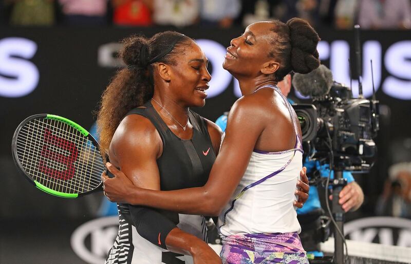 MELBOURNE, AUSTRALIA - JANUARY 28:  Serena Williams of the United States is congratulated by Venus Williams of the United States after winning the Women's Singles Final match against on day 13 of the 2017 Australian Open at Melbourne Park on January 28, 2017 in Melbourne, Australia.  (Photo by Scott Barbour/Getty Images)