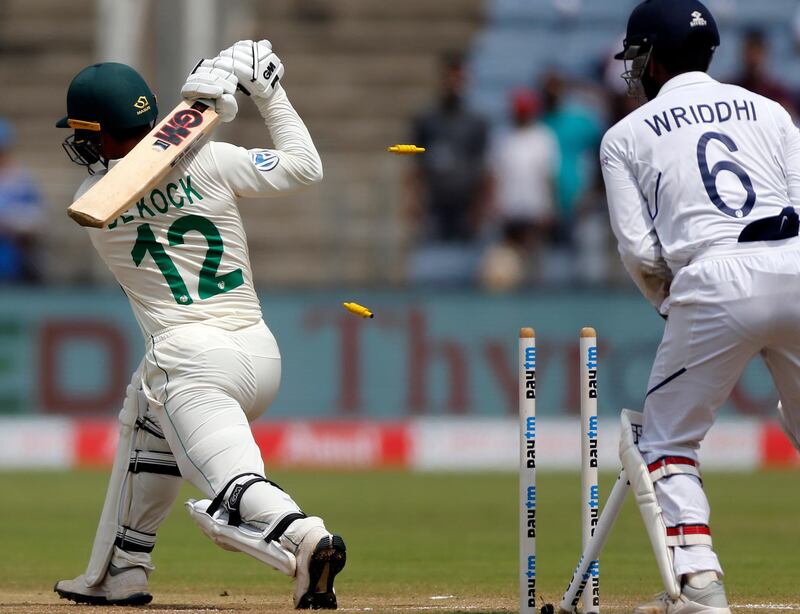 South Africa's Quinton de Kock is bowled by India's Ravindra Jadeja in Pune. AP