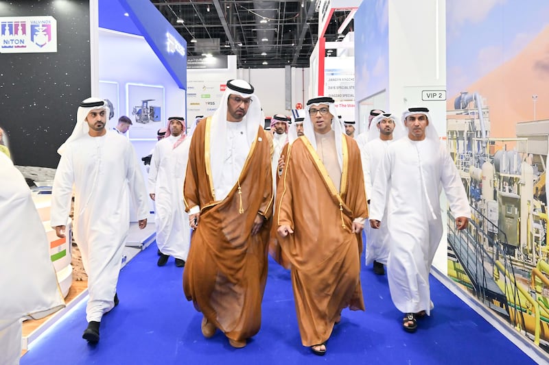 Sheikh Mansour with Dr Al Jaber, who is also Minister of Industry and Advanced Technology and managing director and group chief executive of Adnoc