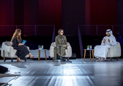 From left, Mina Al-Oraibi, editor-in-chief of 'The National', Noura Al Kaabi, UAE Minister of Culture and Youth and Abdulla Bin Touq Al Marri, Minister of Economy at the World Conference on Cultural Economies at Expo 2020 Dubai. Victor Besa / The National