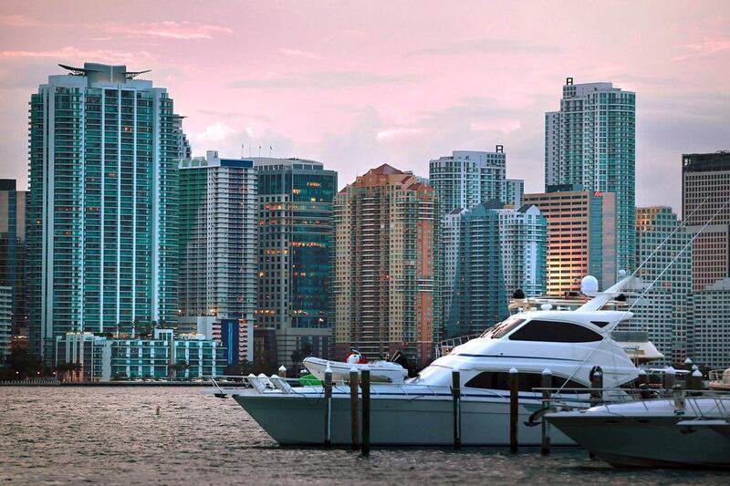 The city skyline in Miami, one of the destinations accessible through Fort Lauderdale-Hollywood International. Joe Raedle / AFP