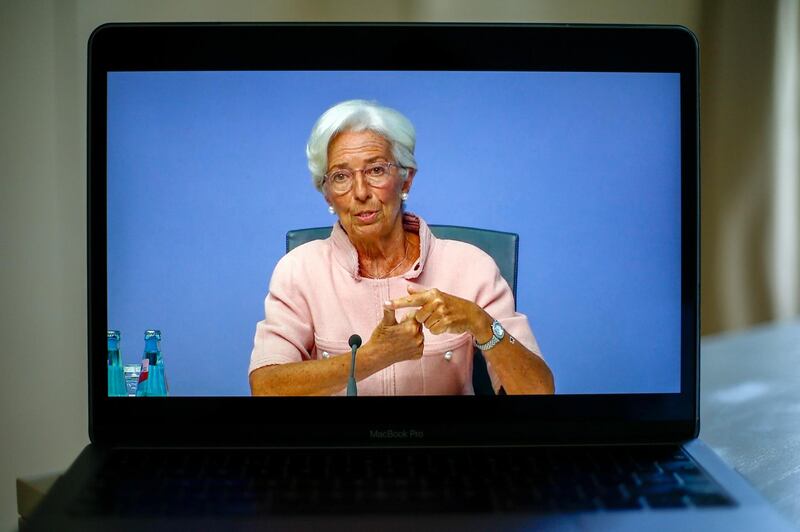 A laptop displays Christine Lagarde, president of the European Central Bank (ECB), during a live stream video of the central bank's virtual rate decision news conference in Frankfurt, Germany, in this arranged photograph in London, U.K., on Thursday, Sept. 10, 2020. The European Central Bank kept its emergency monetary stimulus unchanged as the region enters a critical phase in its recovery from the coronavirus crisis. Photographer: Hollie Adams/Bloomberg