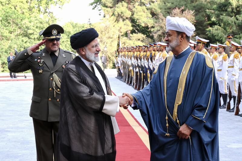 Sultan of Oman, Haitham bin Tariq, right, being welcomed by Mr Raisi during a ceremony in Tehran, Iran, on May 28, 2023. EPA 