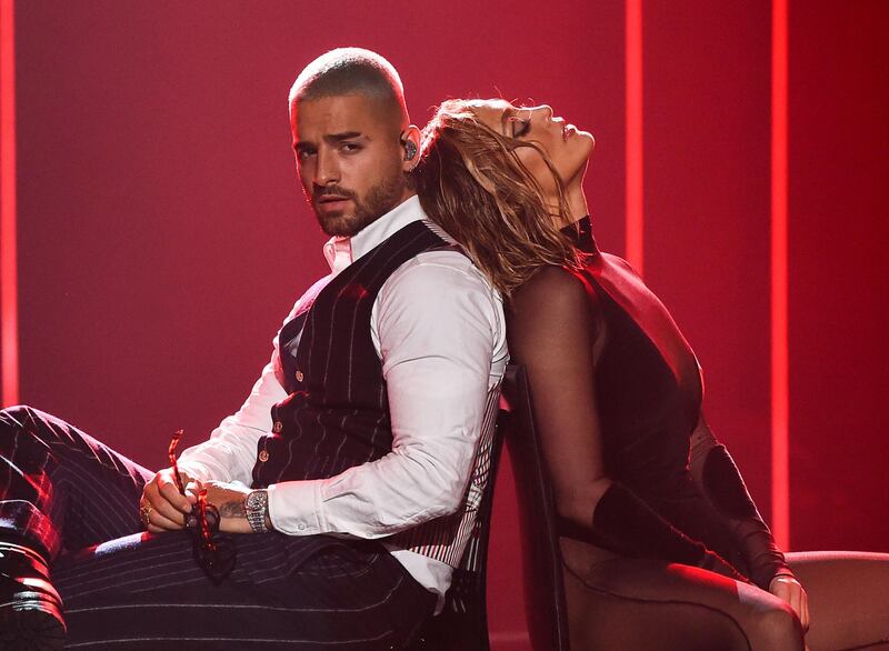 Jennifer Lopez and Maluma perform during the American Music Awards at the Microsoft Theatre on November 22, 2020 in Los Angeles. AP