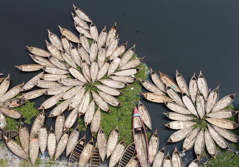 An aerial picture shows that boats moored during a government-imposed shut-down in Dhaka, Bangladesh. AFP