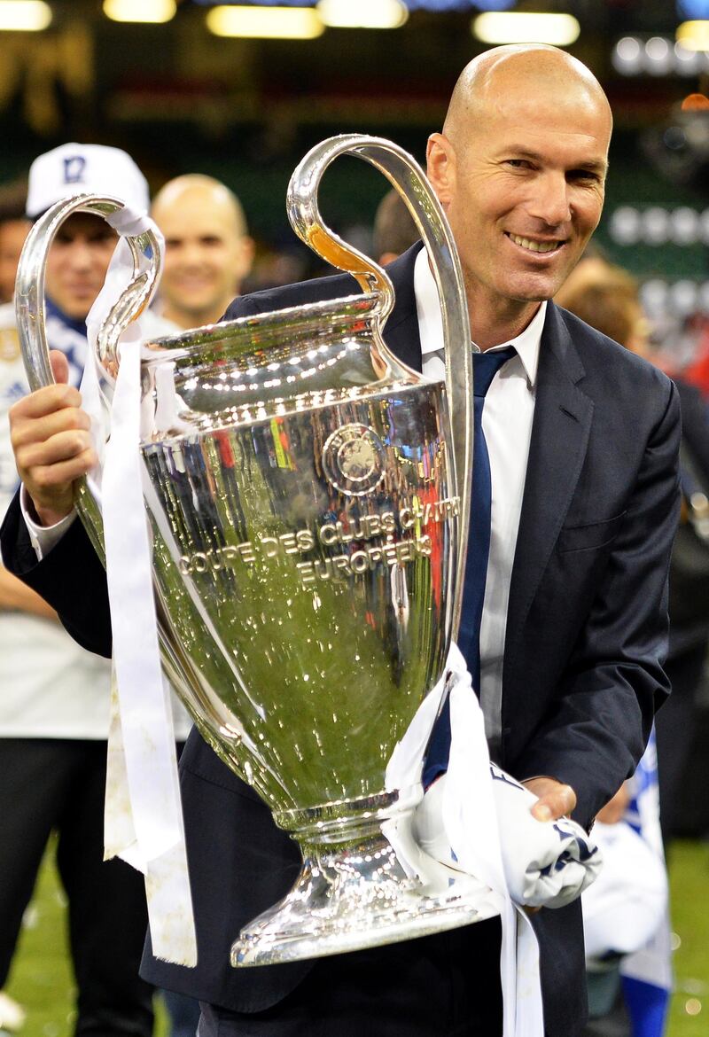 Zidane with the Champions League trophy in Cardiff in 2017 after Real Madrid beat Juventus in the final. Peter Powell / EPA