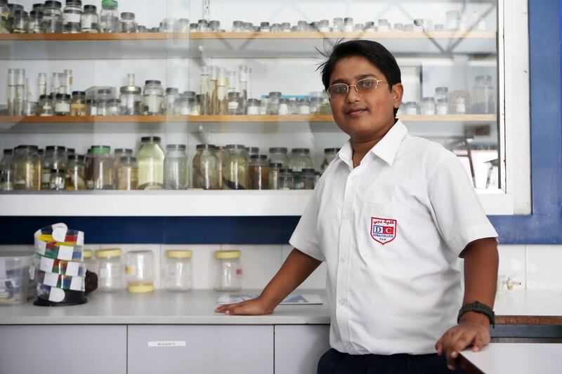 Pritvik Sinhadc in the biology laboratory at the Dubai College in Dubai. Pawan Singh / The National