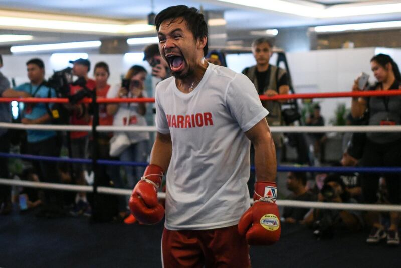 Manny Pacquiao takes part in a training session at a gym in Kuala Lumpur ahead of his WBA world welterweight bout against Argentina's Lucas Matthysse on July 15.  AFP