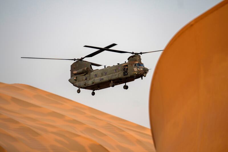 A British RAF Chinook transport helicopter at the Operation Barkhane base in Gao, Mali. The French-led operation against Islamist groups in Africa's Sahel region began in 2014.