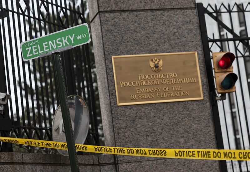 A road sign put up in support of Mr Zelenskyy outside Russia's embassy in Washington. AFP