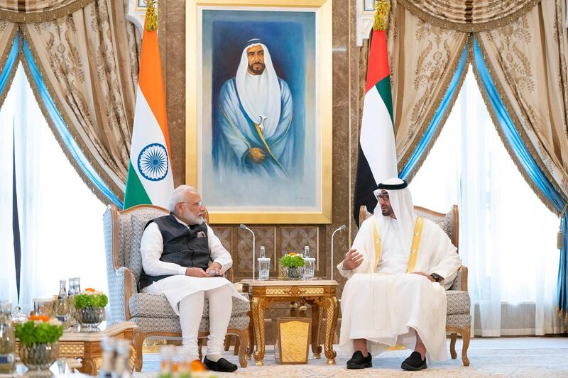 ABU DHABI, UNITED ARAB EMIRATES - August 24, 2019: HH Sheikh Mohamed bin Zayed Al Nahyan, Crown Prince of Abu Dhabi and Deputy Supreme Commander of the UAE Armed Forces (R), meets with HE Narendra Modi Prime Minister of India (L), at Qasr Al Watan. 
( Ryan Carter / Ministry of Presidential Affairs )
---