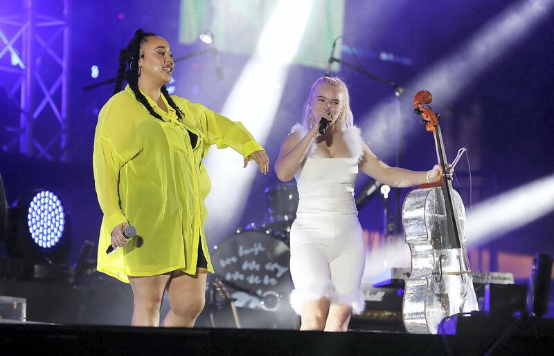 DUBAI , UNITED ARAB EMIRATES , December 18 – 2020 :- Members of the Clean Bandit DJ performing at the Burj Park in downtown Dubai on the second day of the DSF opening concert in Dubai.  ( Pawan Singh / The National ) For Arts & Culture/Online/Instagram. Story by Janice Rodrigues