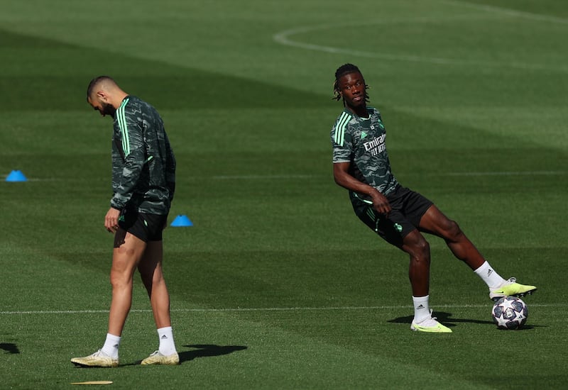Karim Benzema, left, and Eduardo Camavinga take part in a training session. AFP