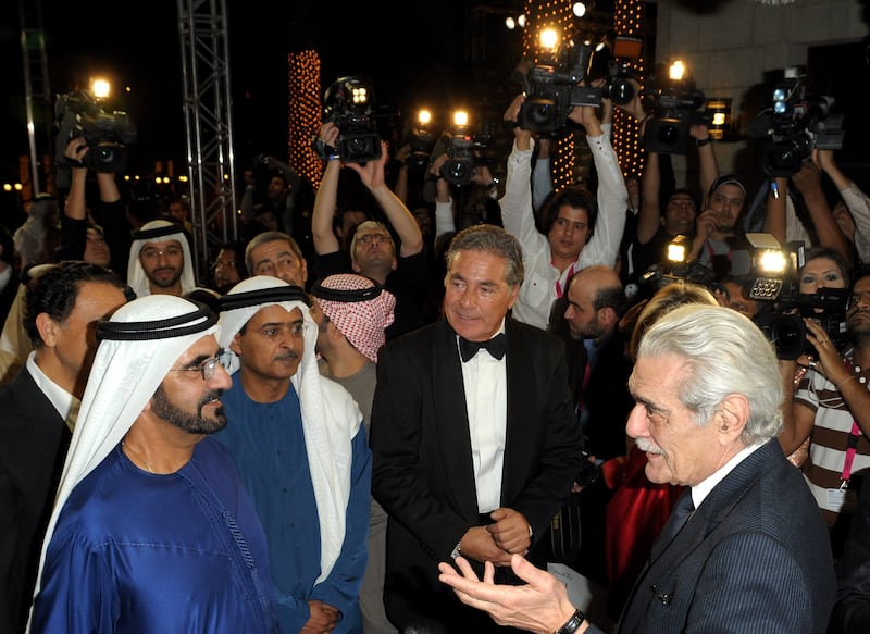 Sheikh Mohammed bin Rashed, Vice President and Ruler of Dubai, meets actor Omar Sharif at closing night at the 6th Dubai International Film Festival in 2009. Getty Images