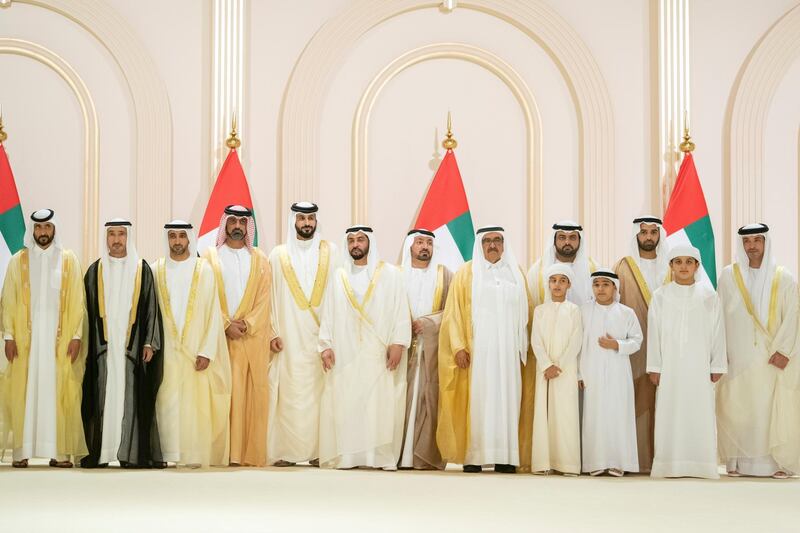 DUBAI, UNITED ARAB EMIRATES - June 06, 2019: HH Sheikh Hamdan bin Zayed Al Nahyan, Ruler’s Representative in Al Dhafra Region (6th R) and HH Sheikh Hazza bin Zayed Al Nahyan, Vice Chairman of the Abu Dhabi Executive Council (R), stands for a photograph during the wedding reception of HH Sheikh Hamdan bin Mohamed Al Maktoum, Crown Prince of Dubai (not shown), HH Sheikh Maktoum bin Mohamed bin Rashid Al Maktoum, Deputy Ruler of Dubai (not shown) and HH Sheikh Ahmed bin Mohamed bin Rashed Al Maktoum (not shown), at Dubai World Trade Centre. Seen with HH Sheikh Mohamed bin Saud bin Saqr Al Qasimi, Crown Prince and Deputy Ruler of Ras Al Khaimah (3rd R), HH Sheikh Mohamed bin Hamad Al Sharqi, Crown Prince of Fujairah (5th R), HH Sheikh Hamdan bin Rashid Al Maktoum, Deputy Ruler of Dubai and UAE Minister of Finance (6th R), HH Sheikh Nasser bin Hamad bin Isa Al Khalifa (9th R), HH Sheikh Ammar bin Humaid Al Nuaimi, Crown Prince of Ajman (10th R) and HH Sheikh Ahmed bin Rashid Al Maktoum (L).

( Abdullah Al Junaibi for Ministry of Presidential Affairs )
---