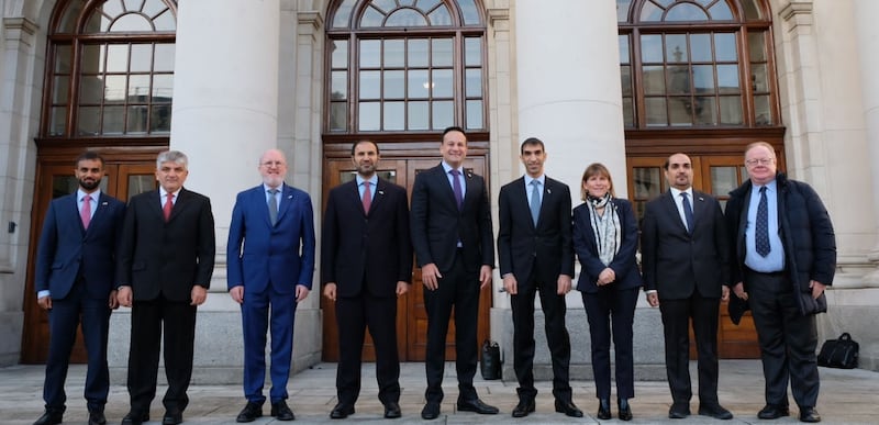 Dr Thani Al Zeyoudi, Minister of State for Foreign Trade, fourth from right, led a UAE delegation to Ireland. Photo: Wam