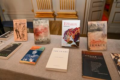 Books by French author Annie Ernaux on display at the Swedish Academy after the announcement. AFP