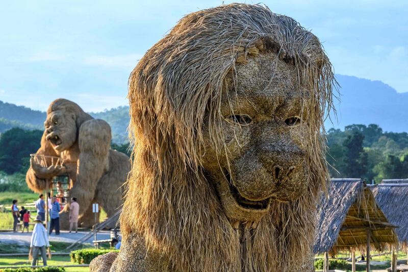 Tourists take photographs of larger-than-life sized figures of animals made of rice straw at an amusement park on the shores of Huay Tueng Thao lake outside Chiang Mai. AFP