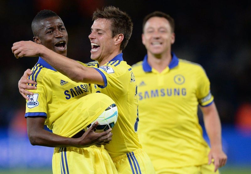 Ramires celebrates scoring Chelsea's third goal against Leicester to move Chelsea one win away from the title. Oli Scarff / AFP