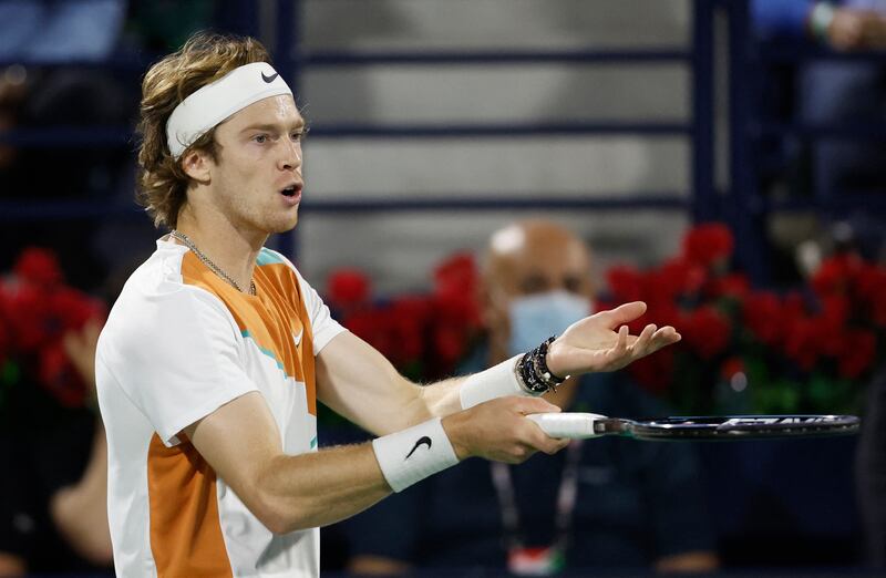 Andrey Rublev argues with the chair umpire during the Dubai final. Reuters