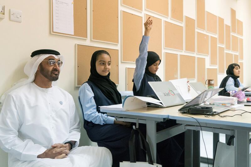 ABU DHABI, UNITED ARAB EMIRATES - September 02, 2018: HH Sheikh Mohamed bin Zayed Al Nahyan, Crown Prince of Abu Dhabi and Deputy Supreme Commander of the UAE Armed Forces (L), visits Al Asayel Primary School.

( Rashed Al Mansoori / Crown Prince Court - Abu Dhabi )
---