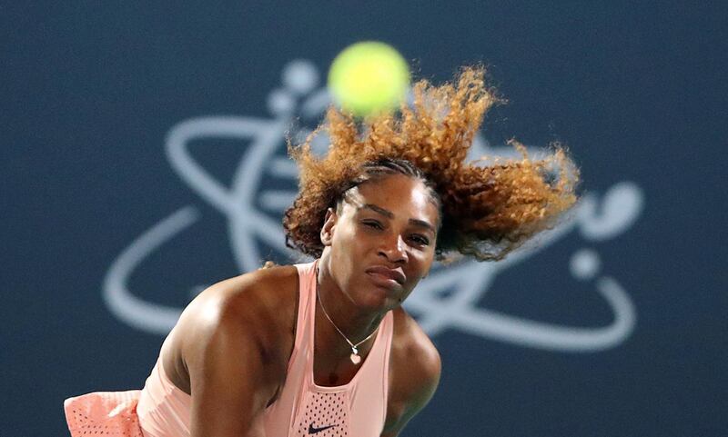 Serena fires down a serve during the match. Getty
