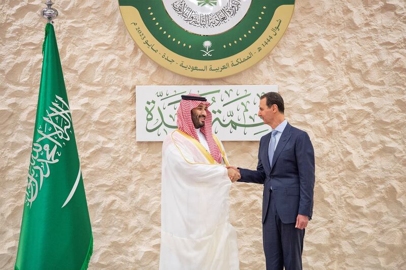 Prince Mohammed with Syria's Mr Al Assad in Jeddah. Reuters