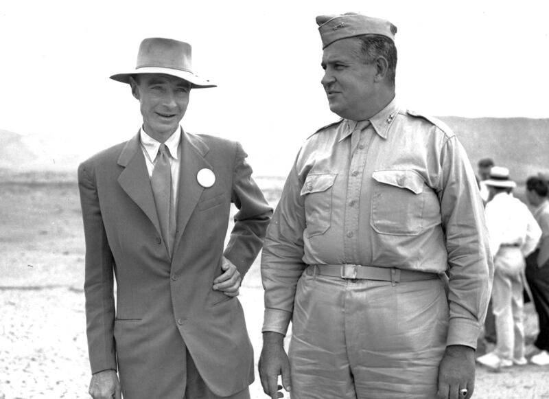 Robert Oppenheimer with Gen Leslie R Groves, director of the US nuclear weapon programme, in September 1945. AP
