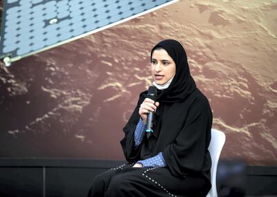 DUBAI, UNITED ARAB EMIRATES. 10 FEBRUARY 2021. 
UAE Minister of State for Advanced Technology Sarah al-Amiri, at a press conference held after UAE Hope Probe reached Mars on Wednesday. 

Photo: Reem Mohammed / The National
Reporter: