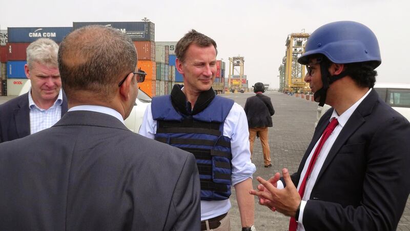 British Foreign Secretary, Jeremy Hunt, talks to Muhammad Alawi Emzarbah, Director of the Gulf of Aden Ports  through an interpreter at in Aden, Yemen. Reuters