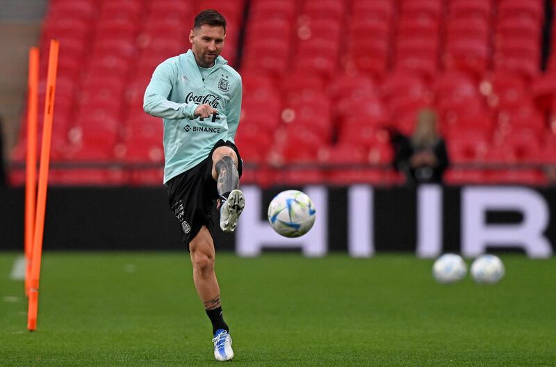 Argentina striker Lionel Messi attends a team training session at Wembley. AFP