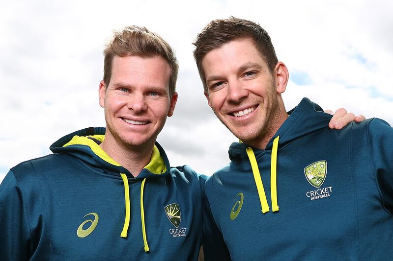 MELBOURNE, AUSTRALIA - SEPTEMBER 30: Steve Smith and Tim Paine pose for a portrait at Melbourne Cricket Ground on September 30, 2019 in Melbourne, Australia. Australia beat England in the Ashes series in the UK, Australian players now return ahead of the summer of cricket at home. (Photo by Kelly Defina/Getty Images)